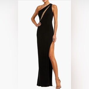 Mac Duggal Black One-Shoulder Gown with Gold Accent